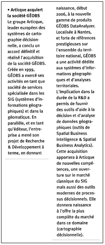 Article Articque acquiert Geobs dans Innovation La Lettre