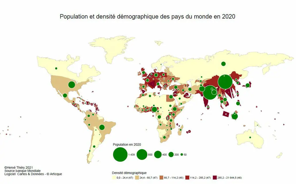 déformation par anamorphose des contours des pays selon leur densité démographique