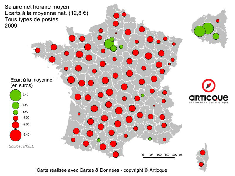 salaire net horaire : ecart a la moyenne tout type de poste en 2009