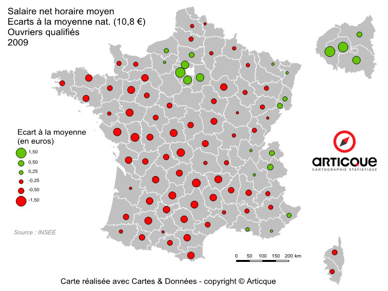 salaire net horaire : ecart a la moyenne des ouvriers qualifies en 2009