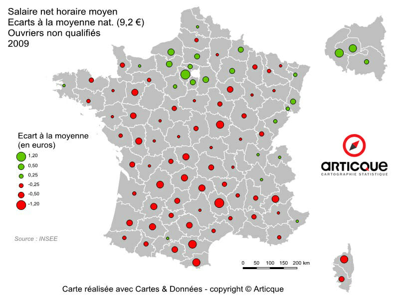 salaire net horaire : ecart a la moyenne des ouvriers non qualifies en 2009