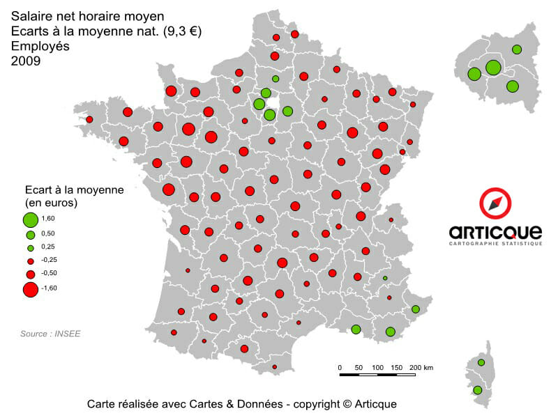 salaire net horaire : ecart a la moyenne des employes en 2009