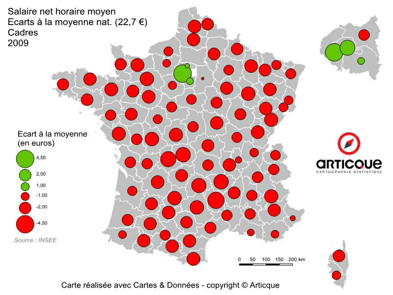 salaire net horaire : ecart a la moyenne des cadres en 2009