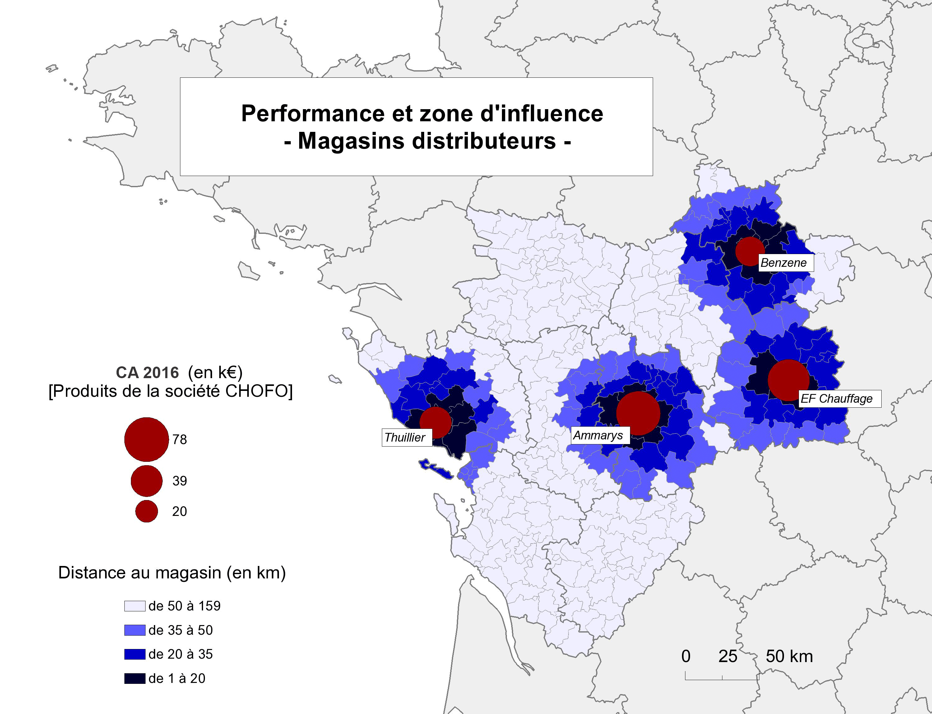 Carte de performance et de zone d'influence de magasins distributeurs