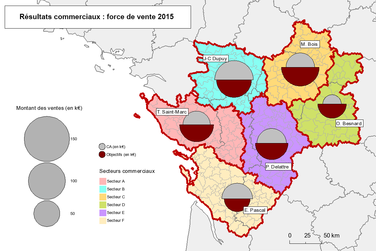 Cartographie des résultats d'une force vente par secteur et par commercial