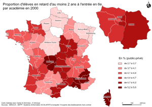 proportion d'eleves de 6eme en retard scolaire en 2000