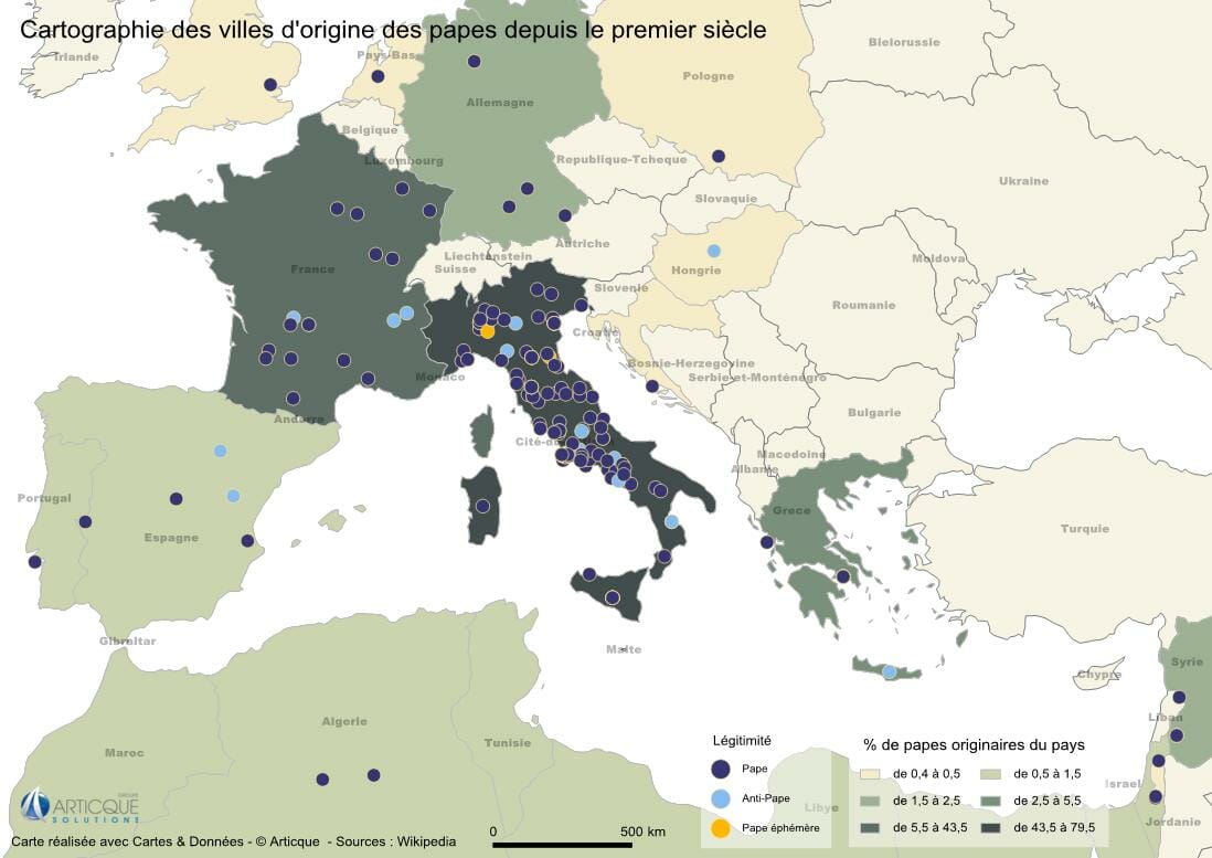 cartographie des villes d'origine des papes