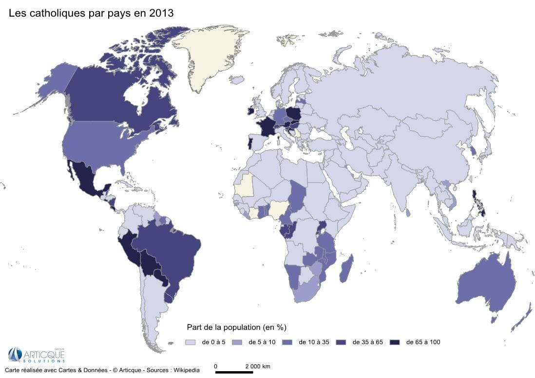 Carte des catholiques par pays en 2013