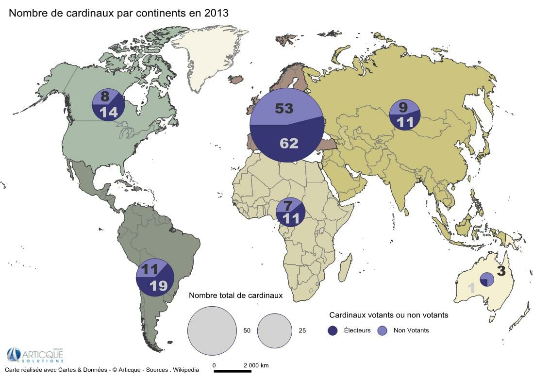 election du pape : nombre de cardinaux par continents en 2013