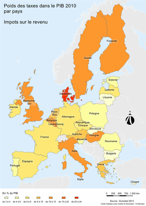 impots sur le revenu : poids des taxes dans le pib par pays