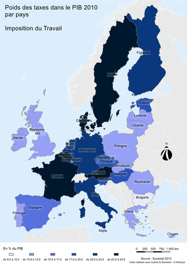 imposition du travail : poids des taxes dans le pib par pays