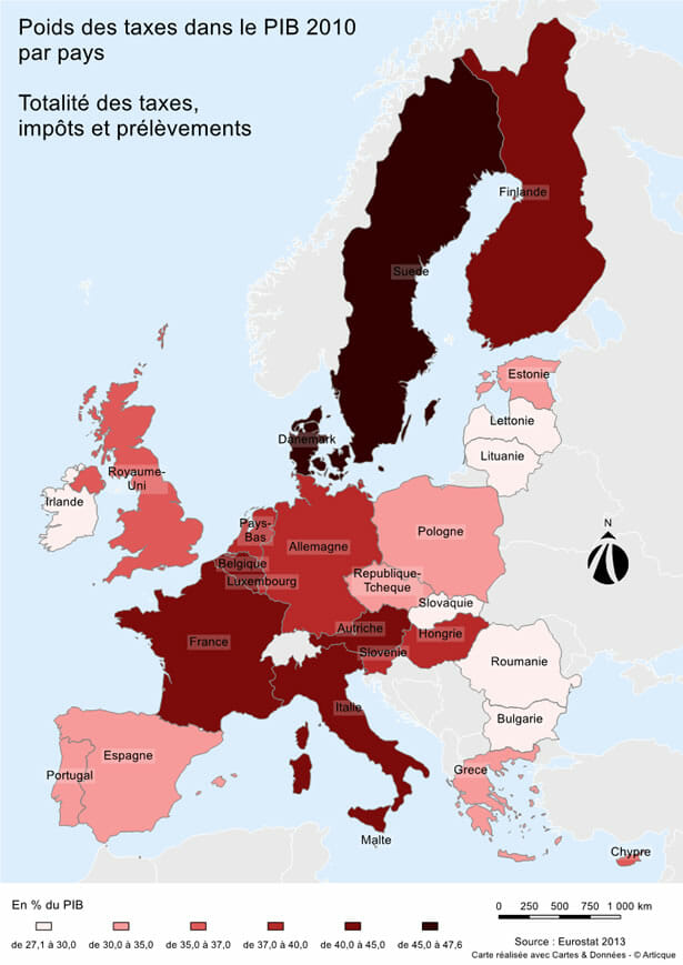 poids des taxes dans le pib par pays