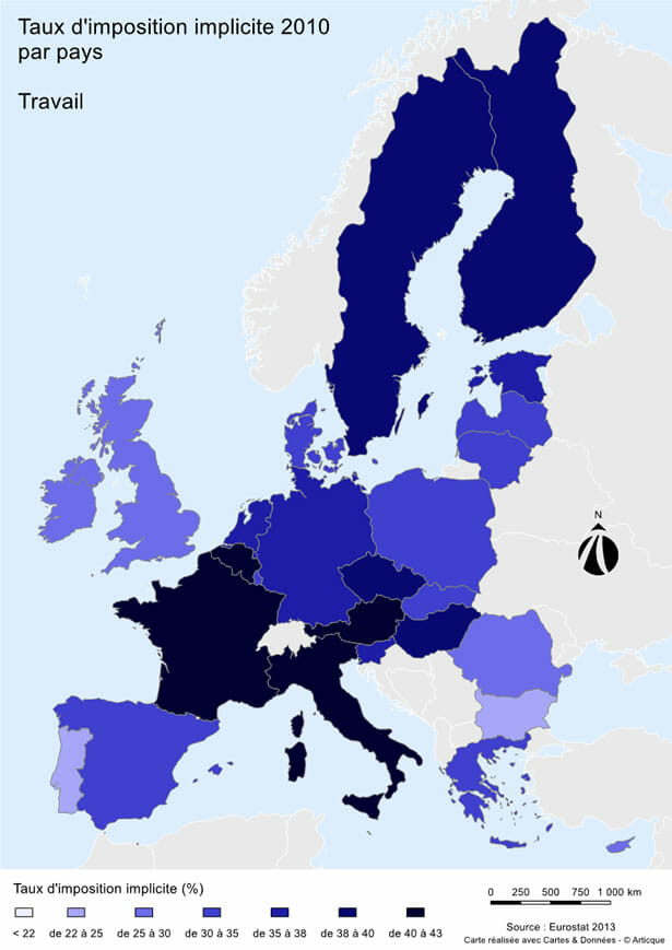 travail : taux imposition implicite par pays en 2010