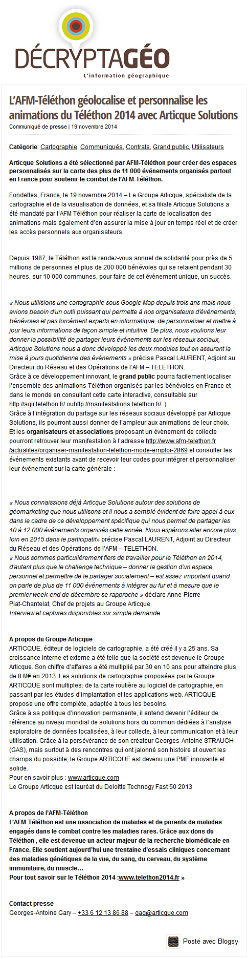 Téléthon 2014 avec Articque - Article de Decryptageo