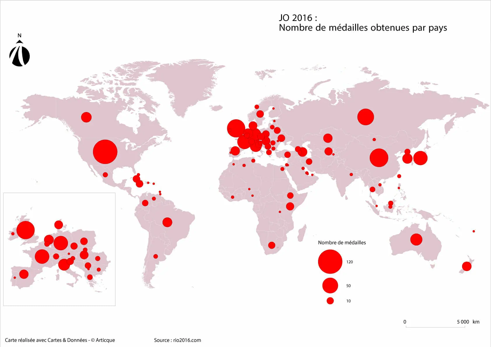 Nombre de médailles obtenues par pays aux JO de Rio