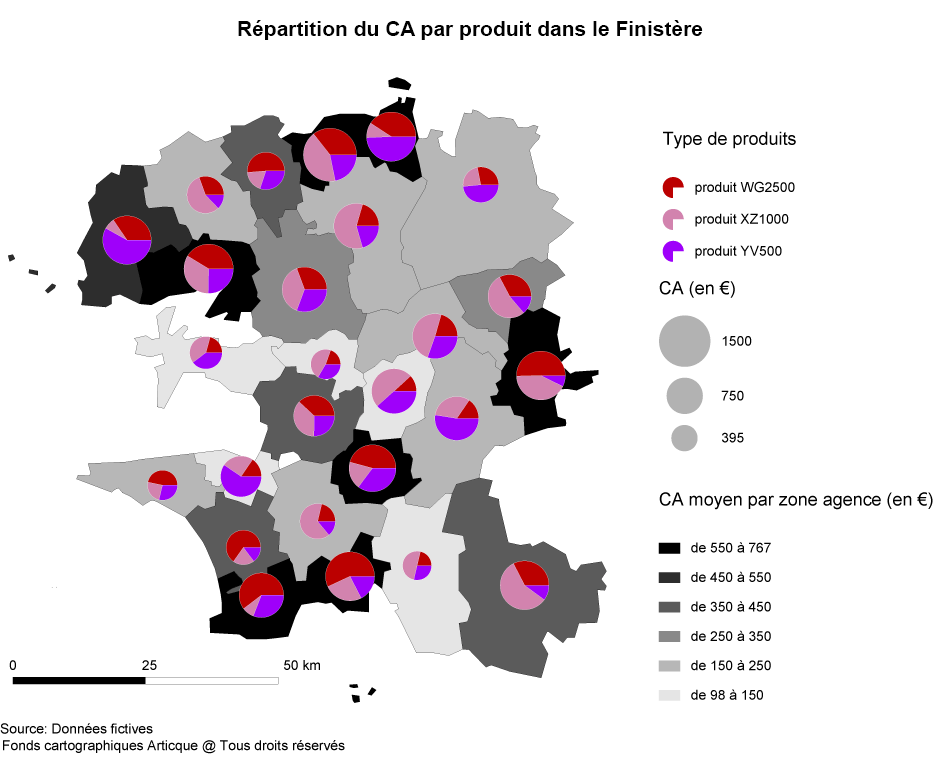 Cartographie du chiffre d'affaire dans le Finistère par produit
