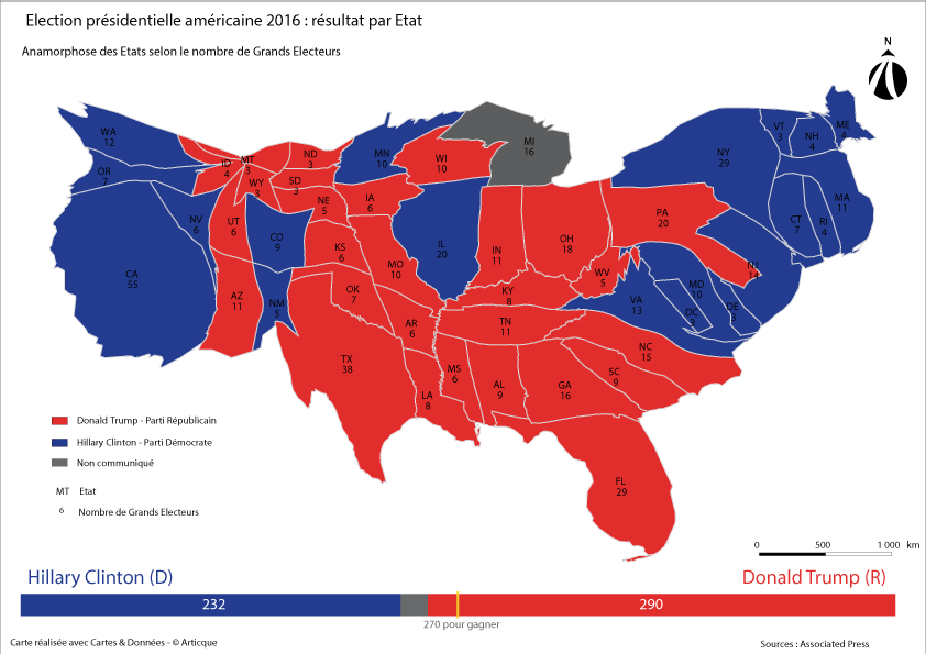 Résultats par Etat des élections américaines 2016 par anamorphose
