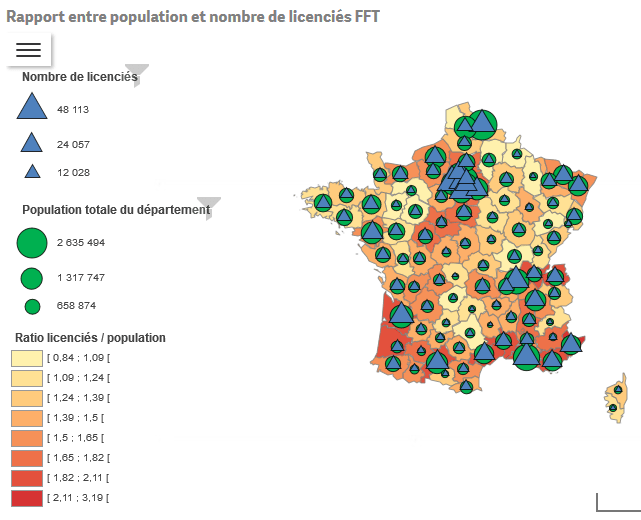 Rapport population/nombre de licenciés FFT