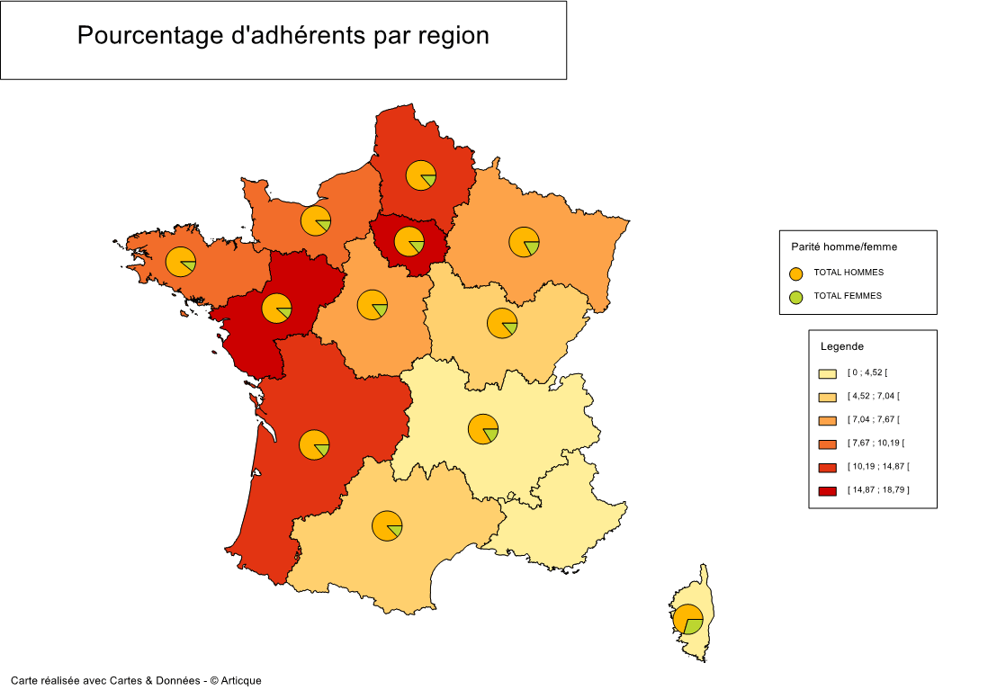 Proportion d'adhérents par région (tennis de table)