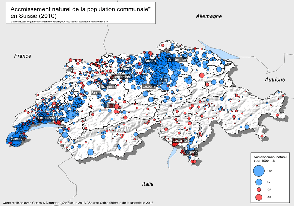 Cartographie de l'accroissement naturel par commune en Suisse