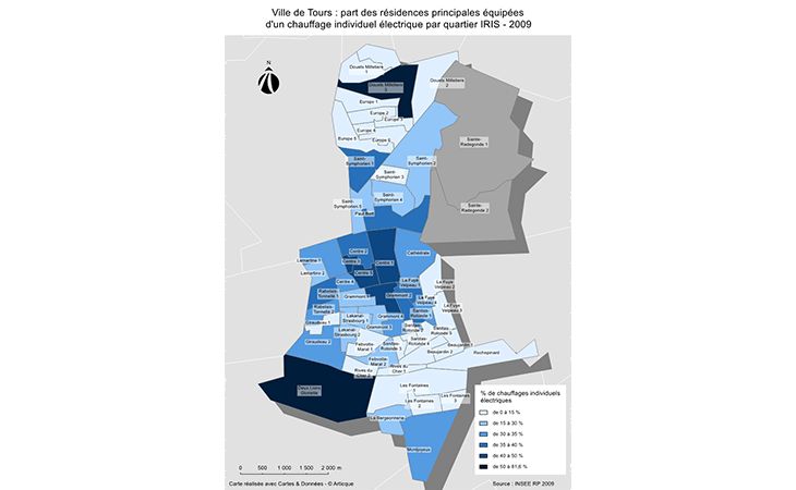 Cartographie des résidences équipées d'un chauffage individuel électrique à Tours