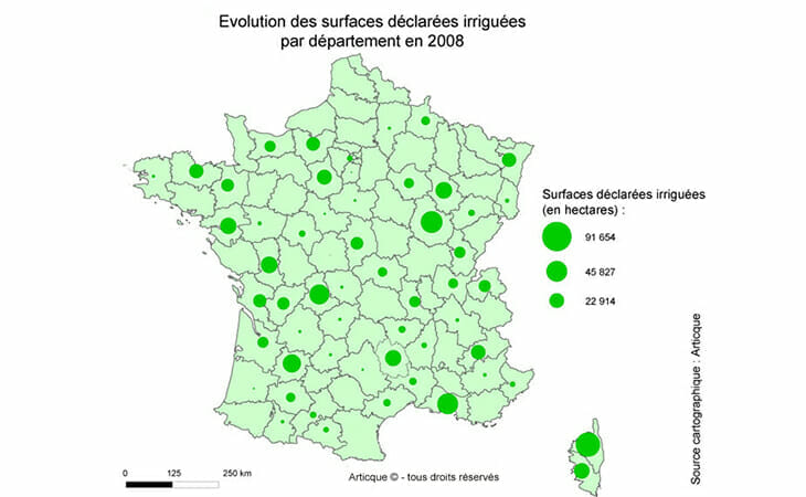 Cartographie de l'évolution des surfaces déclarées irriguées en France par département