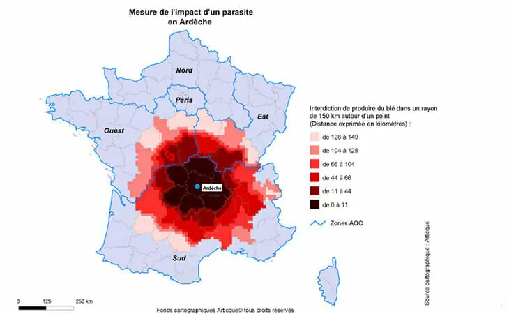 Cartographie de l'impact d'un parasite sur la production de blé en Ardèche