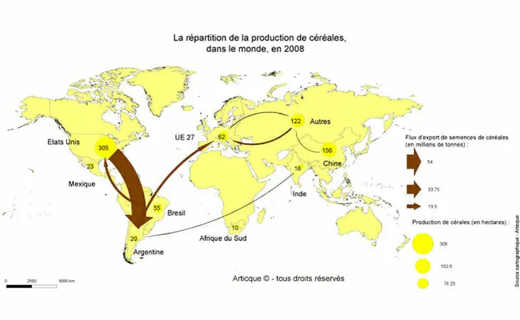 Cartographie de la production mondiale de céréales en 2008