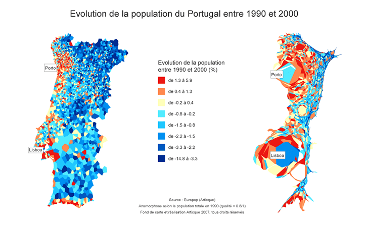 Cartographie démographique du Portugal entre 1990 et 2000