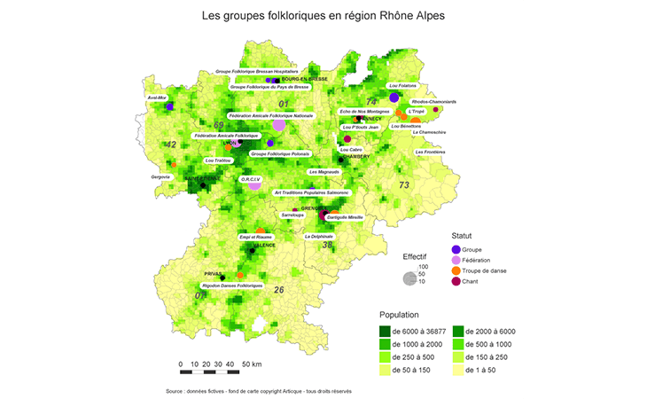 Répartition geographique des groupes folkloriques en Rhône Alpes