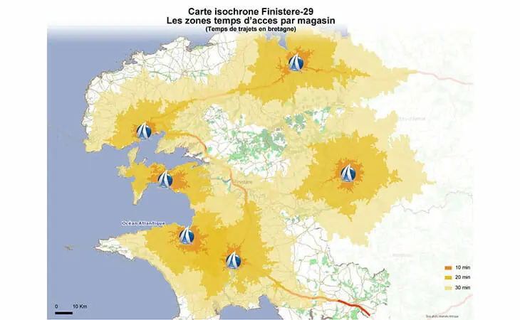 Carte isochrone du département du Finistère