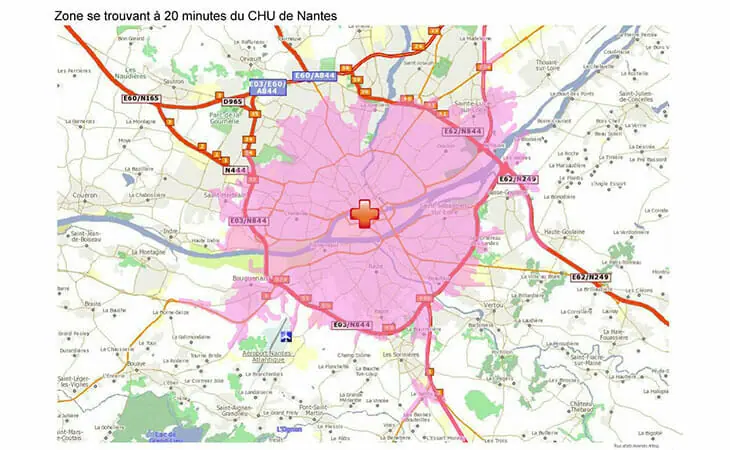 Carte isochrone ayant pour centre le CHU de Nantes