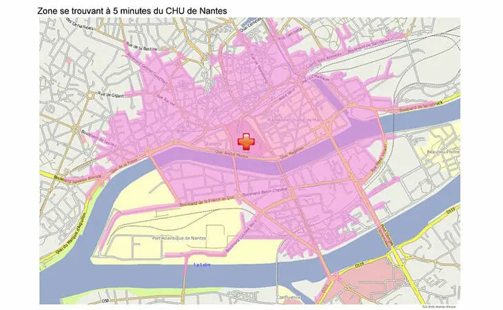 Carte isochrone du CHU de Nantes