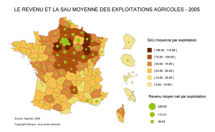 Carte comparative revenu et SAU des exploitations agricoles en France