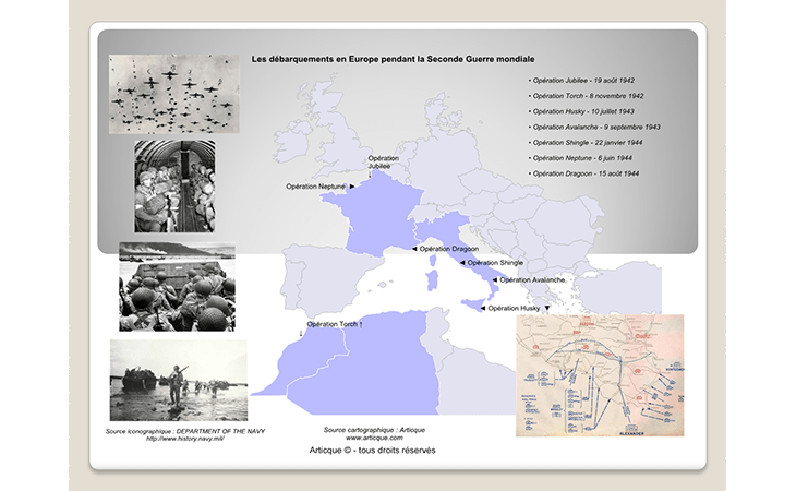 Carte du déroulement des débarquements en Europe (1942-1944)