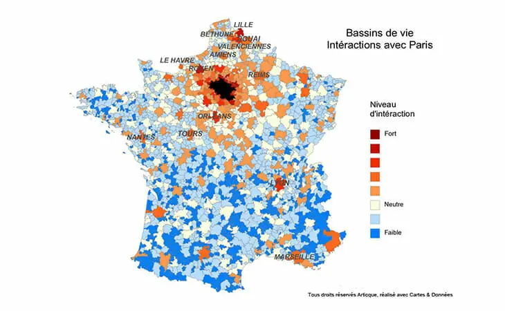 Cartographie nationale des interactions entre Paris et les bassins de vie