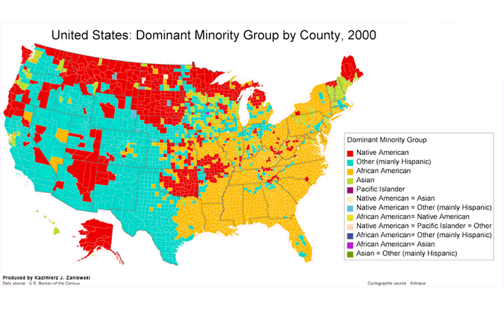 Cartographie des groupes ethniques dominants aux Etats-Unis