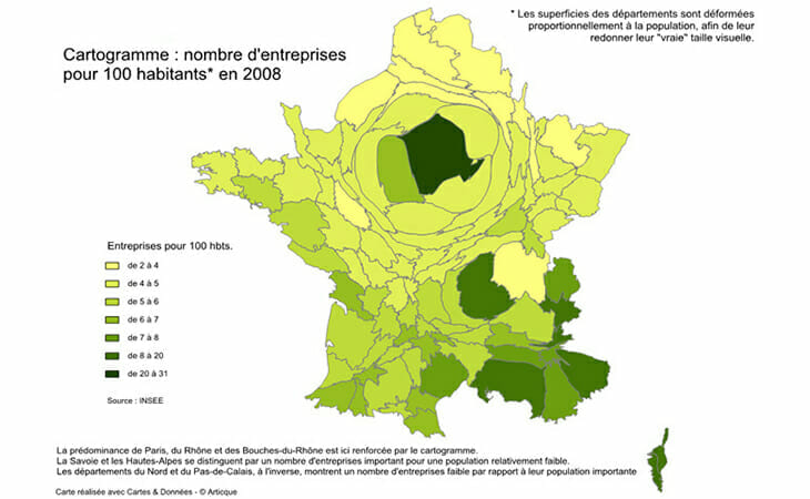Cartogramme du nombre d'entreprises pour 100 habitants en France