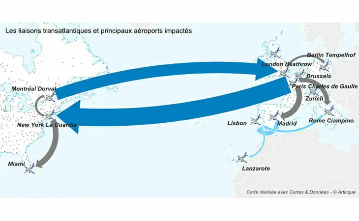 Carte des liaisons transatlantiques et des aéroports