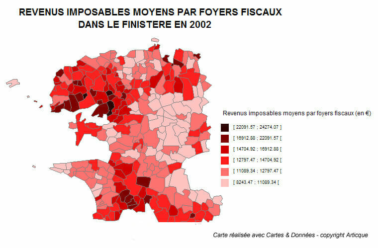 Les revenus imposables moyens dans le Finistère en 2002