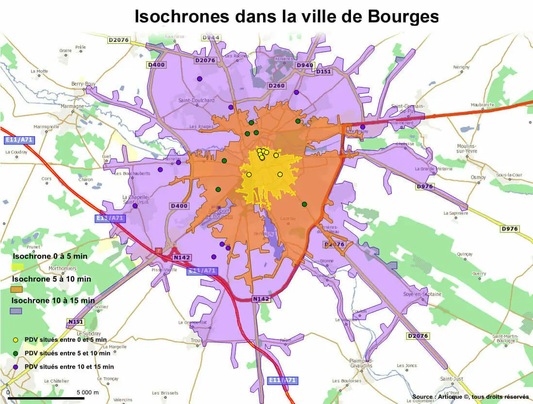 Distances routières et courbes isochrones à Bourges