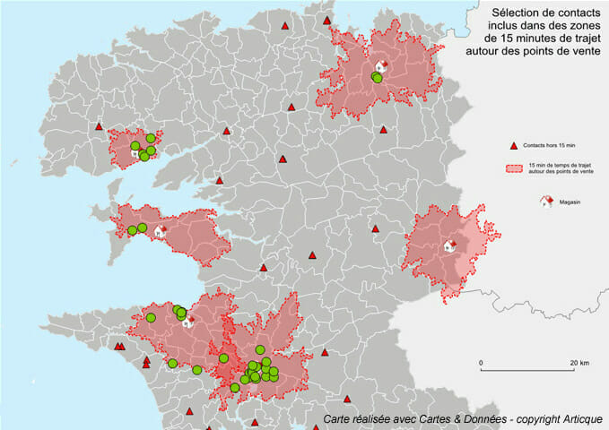 Sélection de contacts inclus dans des zones de 15 minutes