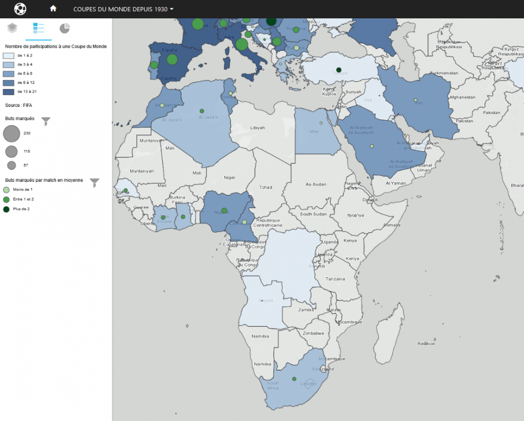 Carte des buts marques en Coupe du Monde depuis 1930 par les pays d'Afrique et du Moyen-Orient