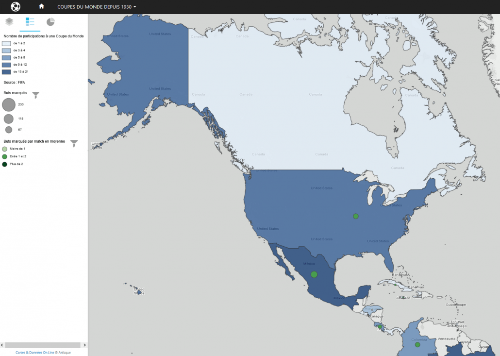 Carte des buts marques en Coupe du Monde depuis 1930 par les equipes d'Amerique du Nord