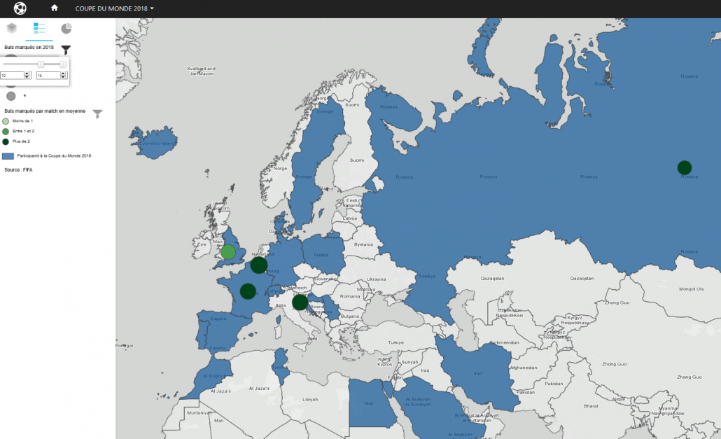 Carte des pays ayant marque plus de 10 buts lors de la Coupe du Monde 2018