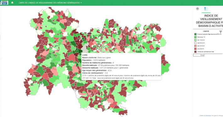 Carte de l'indice de vieillissement des médecins généralistes