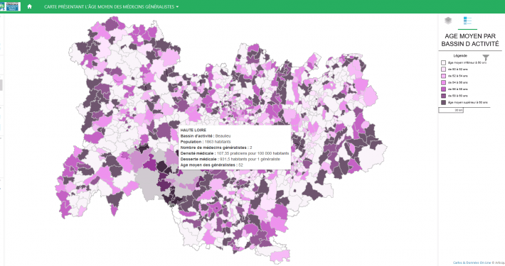 Carte présentant l'âge moyen des médecins généralistes