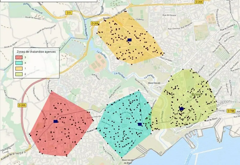 Cartographie de la zone de chalandise d'agences bancaires à Brest