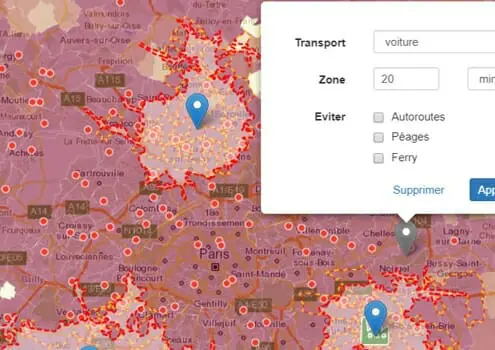 Sélection par isochrone dans une carte interactive