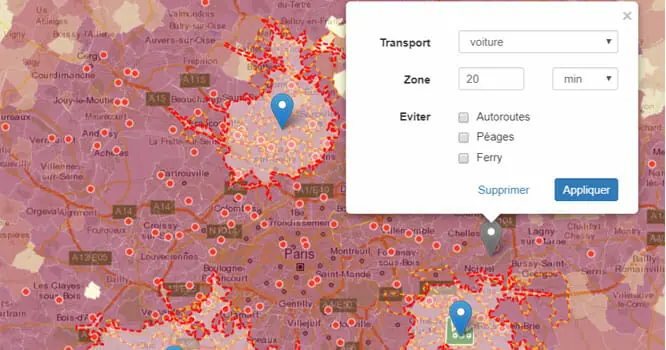 Sélection par isochrone dans une carte interactive